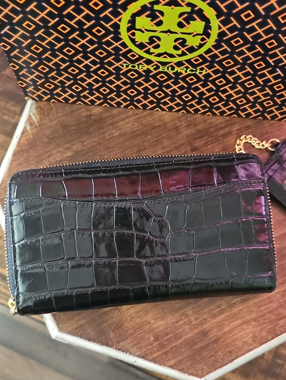 Tory Burch Black Croc-Embossed Zip Wallet with Gold Logo - Excellent Condition!